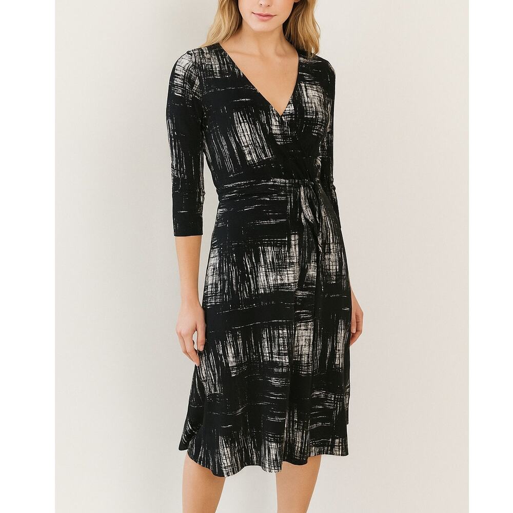 Leota Black & White Abstract Midi Wrap Dress Women’s XS